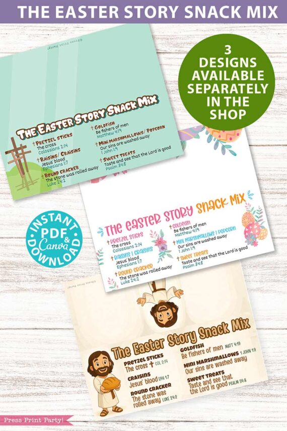 The Editable Easter Story Snack Mix Topper and Tag Printable features three colorful, Easter-themed designs with illustrations and ingredients. Available as instant PDF downloads, these separate designs are perfect companions to your Easter place cards.