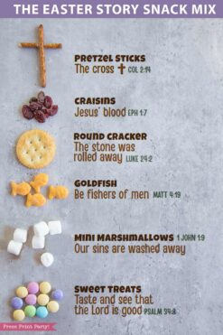 An Easter snack mix, featuring pretzels, craisins, a cracker, goldfish crackers, mini marshmallows, and sweet treats on a gray background, is labeled with editable Easter Story Snack Mix Topper and Tag Printable cards that include biblical references explaining each element's Easter symbolism.