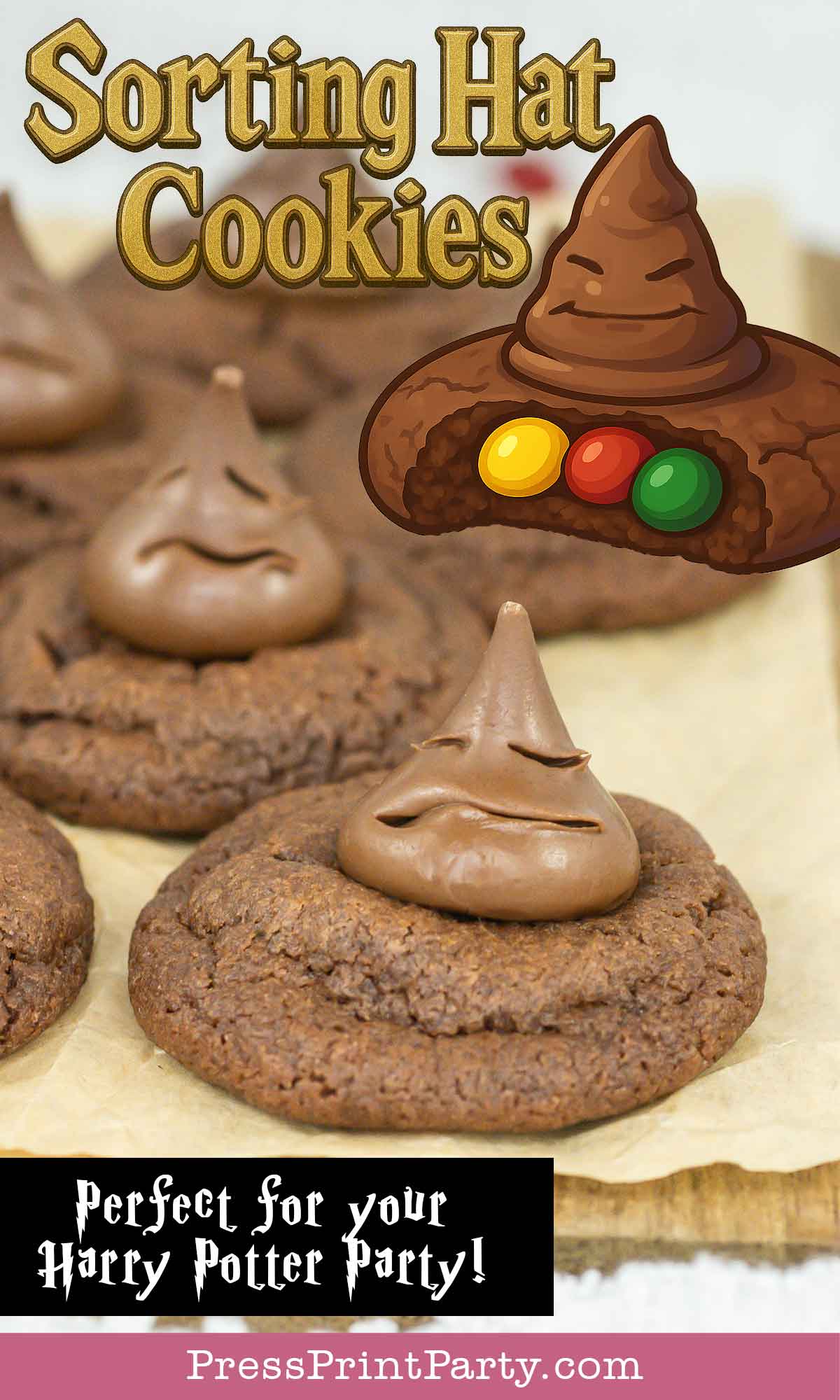 Chocolate cookies decorated to look like Harry Potter sorting hats, with candy hidden inside. Text reads: "Sorting Hat Cookies. Perfect for your Harry Potter party! PressPrintParty.com.