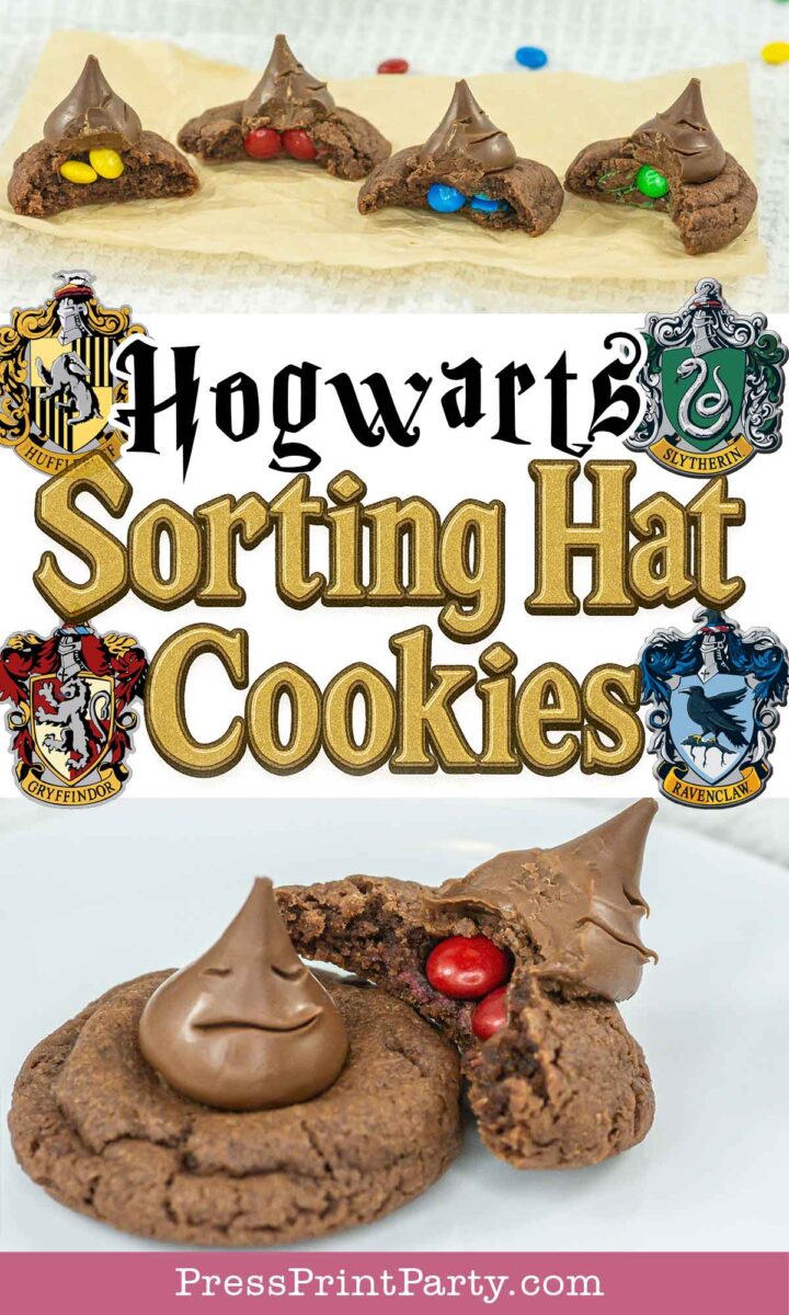 Chocolate cookies with Hershey's Kisses, filled with colored M&Ms, sit beneath "Hogwarts Sorting Hat Cookies" text and Hogwarts house crests for Gryffindor, Slytherin, Hufflepuff, and Ravenclaw.