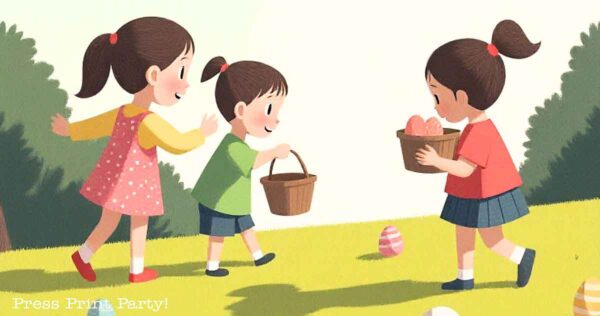 Three children are joyfully engaged in an Easter egg scavenger hunt. Two girls and a boy, each with a basket, gather colorful eggs scattered across the grassy field. Smiling and dressed casually, they relish the adventure amidst trees and sunlight.