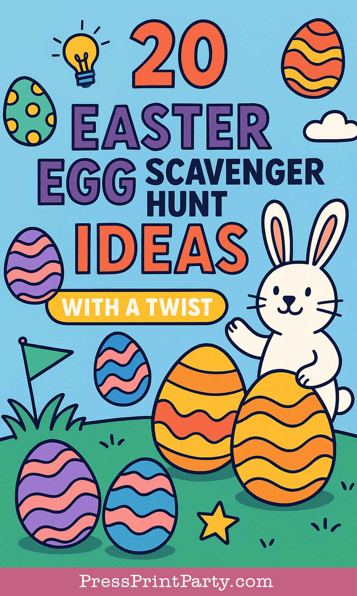 A vibrant illustration features a bunny and decorated eggs on grass, with the text "20 Easter Egg Scavenger Hunt Ideas with a Twist." A lightbulb and flag add an inventive touch to these creative Easter Egg Scavenger Hunt Ideas.