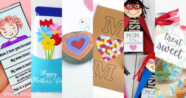 A collage of colorful DIY Mother's Day crafts, including printables like cards, decorated stones, and treat bags. Each section showcases unique handmade gift ideas with vibrant designs and heartfelt messages.