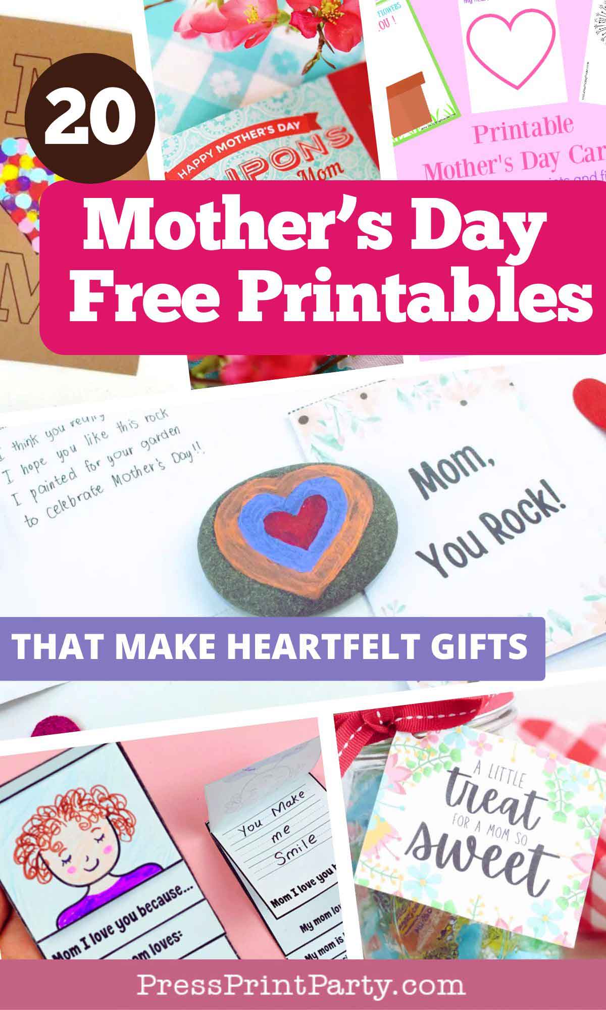 Collage showcasing a delightful array of Mother's Day printables, featuring vibrant cards and gifts. Text reads: "20 Heartfelt Mother's Day Printables" and "Press Print Party." Perfect for creating memorable and personalized gifts.