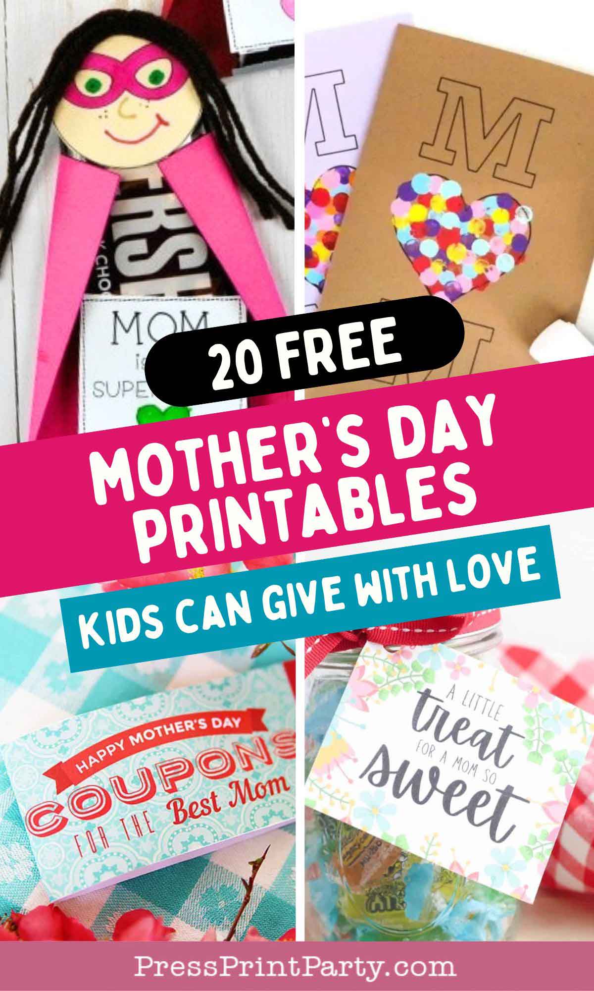 A charming collage of Mother's Day printables: a pink paper craft with a smiley face, a card featuring "M" adorned with vibrant hearts, a "Happy Mother's Day" coupon book, and a cute gift box reading "A little treat for a mom so sweet.