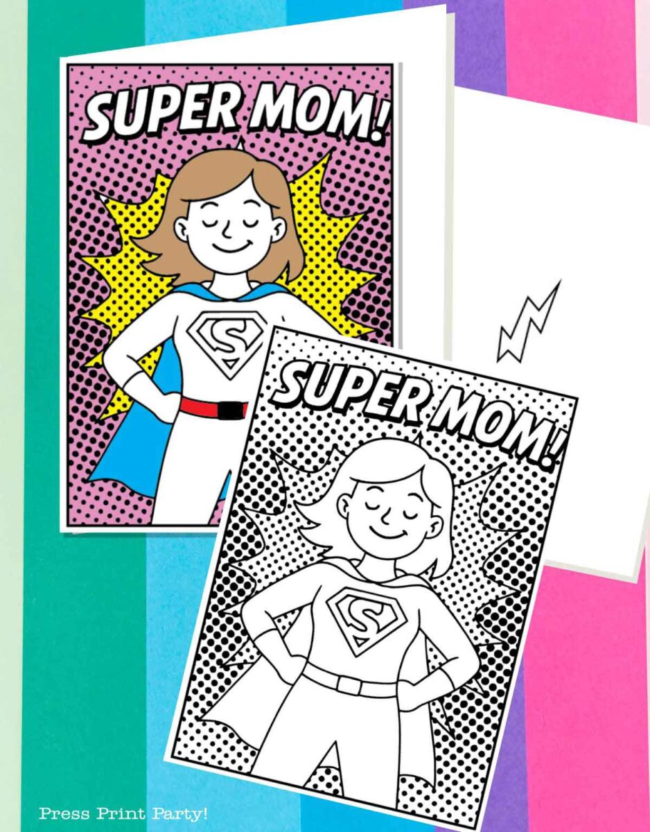 Two greeting cards titled "SUPER MOM!" feature a cartoon mom in a superhero pose; one card is in color, the other is black and white for coloring. Both are displayed on a rainbow background.