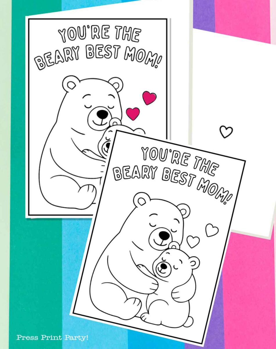 A coloring page and a completed card featuring a mother bear hugging a baby bear, hearts above them, and the text "You're the Beary Best Mom!" on a colorful striped background.