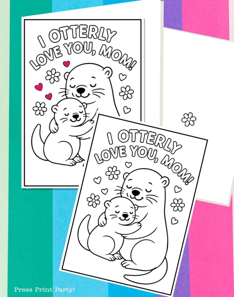 Two coloring cards with otters hugging and the words "I Otterly Love You, Mom!" Each card has hearts or flowers around the otters, on a colorful striped background.