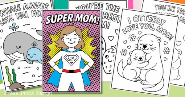 A set of printable Mother’s Day coloring cards featuring cartoon animals, including whales and otters, and messages like “Super Mom!” and “I otterly love you, Mom!” on colorful backgrounds.