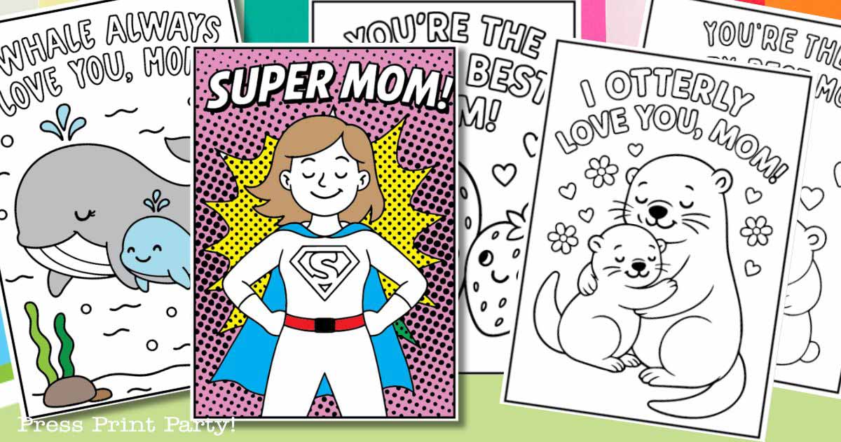 A set of printable Mother’s Day coloring cards featuring cartoon animals, including whales and otters, and messages like “Super Mom!” and “I otterly love you, Mom!” on colorful backgrounds.