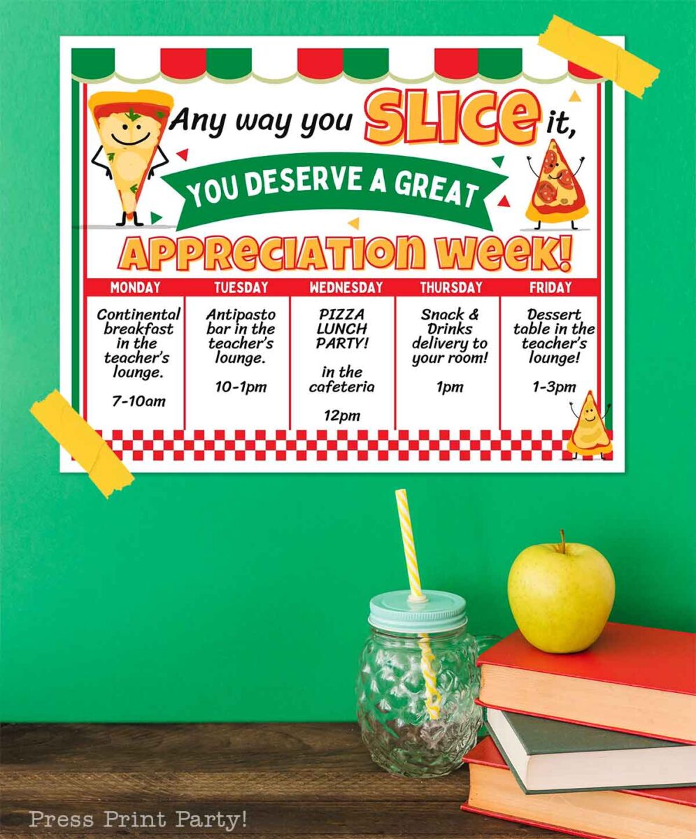 A colorful weekly schedule poster with pizza-themed graphics. Each day lists different events like breakfasts, antipasto bar, pizza lunch party, and snacks. A green apple and stack of books with a drink on a straw sit below.