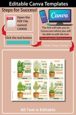 Editable Canva Templates with plant-themed infographics for success steps: instructions include opening a PDF named CANVA with a link to Canva.com. Product features potted herb plant gift tags printable appreciation, including puns like 