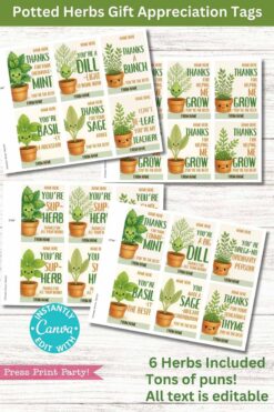 Editable Potted Herb Plant Gift Tags Printable Appreciation features charming illustrations and puns like 'Thanks for being a dill-light,' 'You’re mint,' and 'You’re basil-ly the best.' Featuring six designs, they're perfect for pun lovers and heartfelt appreciation.