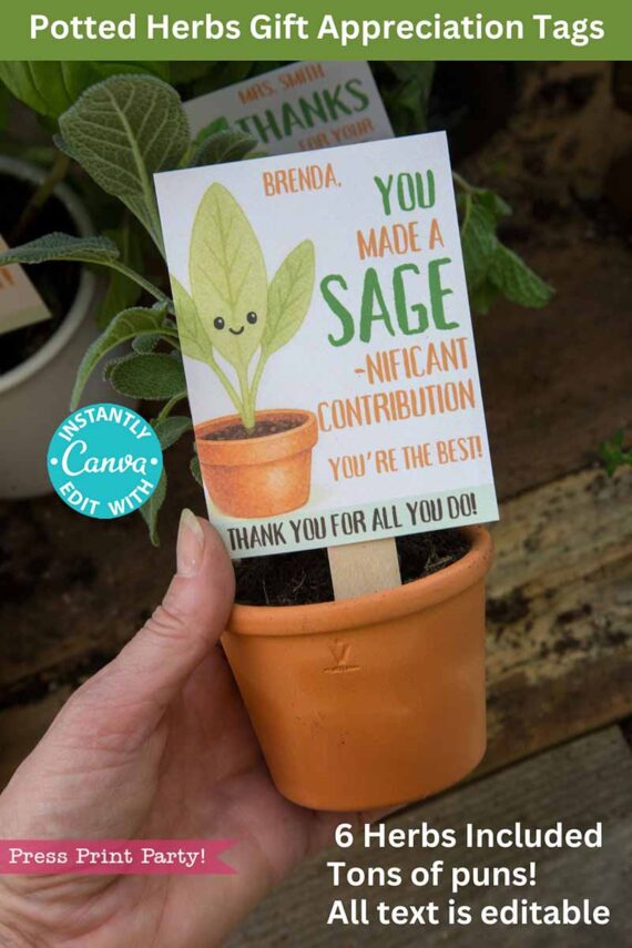 A hand holds a potted herb plant gift with a customizable tag that reads: "Brenda, you made a SAGE-nificant contribution. You're the best! Thank you for all you do!.