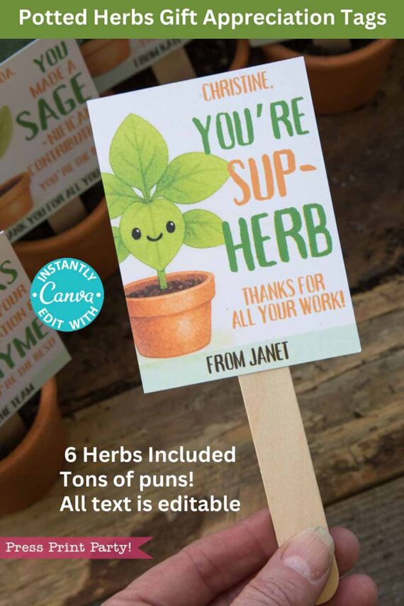 A hand holds a plant label with a cartoon herb and "You're Sup-Herb" text, promoting customizable Potted Herb Plant Gift Tags Printable Appreciation. More pots with similar labels are in the background.