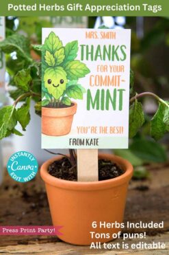 Explore our "Potted Herb Plant Gift Tags Printable Appreciation," featuring editable Canva templates with six herbs and delightful puns, including a card that says, "Thanks for your commit-mint, You're the best!" with a drawing of a smiling mint.