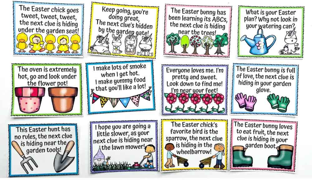 A grid of colorful, Easter-themed clue cards with rhymes sparks excitement for an unforgettable Easter Egg Scavenger Hunt. Each card features charming illustrations like a chick in eggs, gloves, and gardening tools, offering hints on where to discover hidden treasures.
