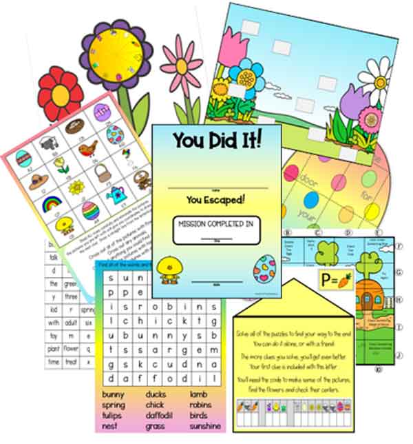A colorful set of children's activity sheets, featuring crossword puzzles, word searches, and vibrant illustrations of flowers, rainbows, and animals. Perfect for Easter egg scavenger hunt ideas, with a "You Did It!" escape game completion message at the center.