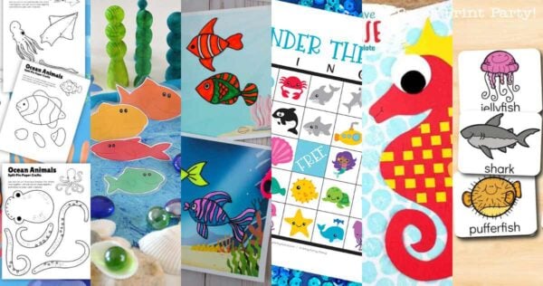 A collage of colorful ocean-themed kids’ crafts and activities, featuring fish drawings, under the sea printables, cut-out fish shapes, under-the-sea bingo, a seahorse craft, and illustrated cards of sea animals like jellyfish and shark.