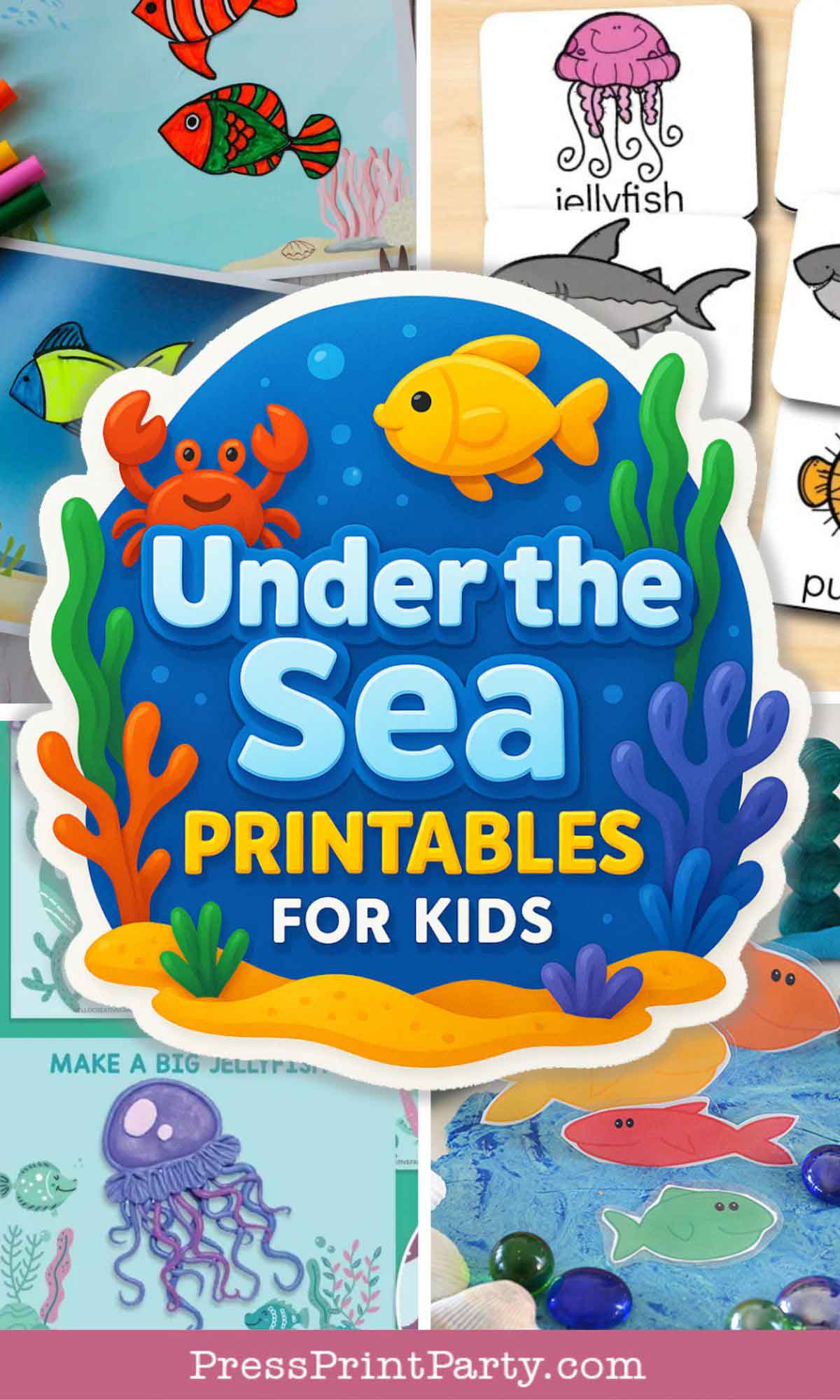 A colorful collage of under the sea printables for kids, featuring drawings of fish, a crab, jellyfish flashcards, painted ocean animals, and the text "Under the Sea Printables for Kids." Perfect for fun and educational under the sea activities!.