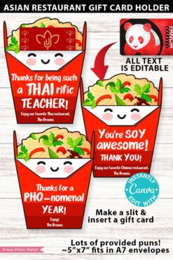 The Asian Restaurant Appreciation Gift Card Holder features three illustrated takeout boxes with smiling faces and punny teacher messages like "Thanks for being such a THAI-rific teacher!" Editable, with envelopes, and space for a gift card.