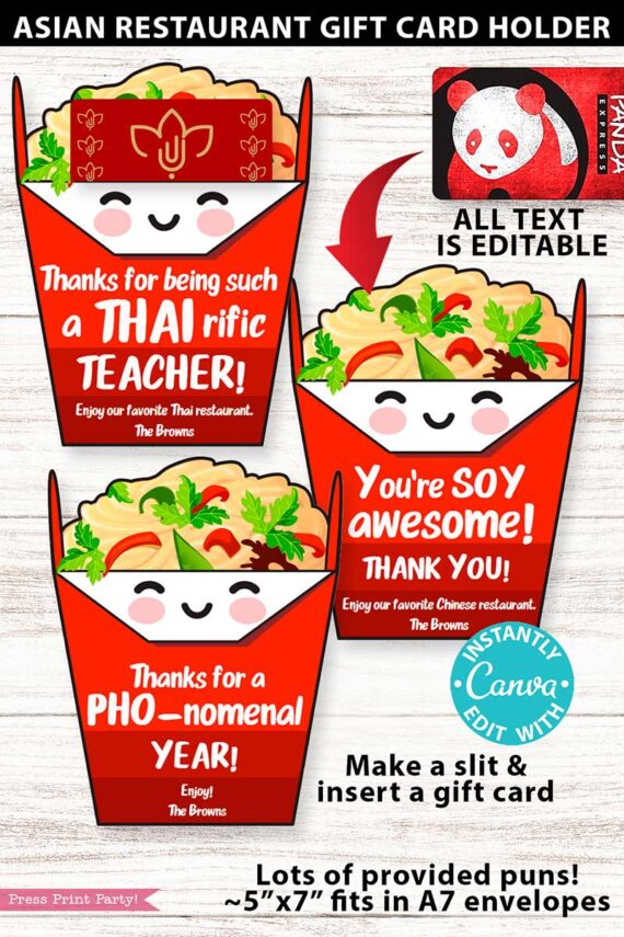 The Asian Restaurant Appreciation Gift Card Holder features three illustrated takeout boxes with smiling faces and punny teacher messages like "Thanks for being such a THAI-rific teacher!" Editable, with envelopes, and space for a gift card.