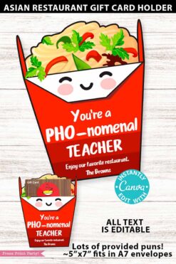The Asian Restaurant Appreciation Gift Card Holder features two red takeout-box designs with smiling faces, punny “You’re a PHO-nomenal teacher” text, editable options, and fits in A7 envelopes—perfect for restaurant gift cards.