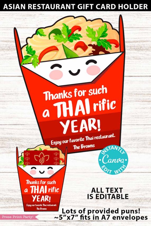 Illustration of a cute, smiling takeout box with food and the text: "Thanks for such a THAI rific YEAR!" promoting the Asian Restaurant Appreciation Gift Card Holder. Promotional details and editing options are also shown.