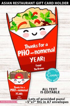 The Asian Restaurant Appreciation Gift Card Holder is shaped like a red takeout box with a happy face, filled with noodles and veggies. Features 