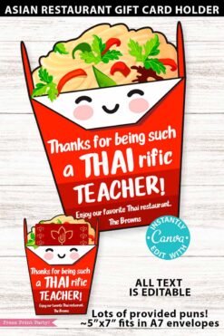 Asian Restaurant Appreciation Gift Card Holder shaped like a smiling takeout box with food, large holder says 