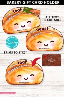 Three cute, illustrated Asian restaurant appreciation gift card holders with editable text and space for a note, each shaped like smiling bread loaves and displayed next to a Porto’s Bakery gift card.