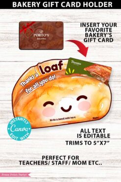 An Asian Restaurant Appreciation Gift Card Holder shaped like a smiling loaf of bread with space for a gift card. Text reads: “Thanks a loaf for all you do!” Includes editable text and gift card insert instructions.