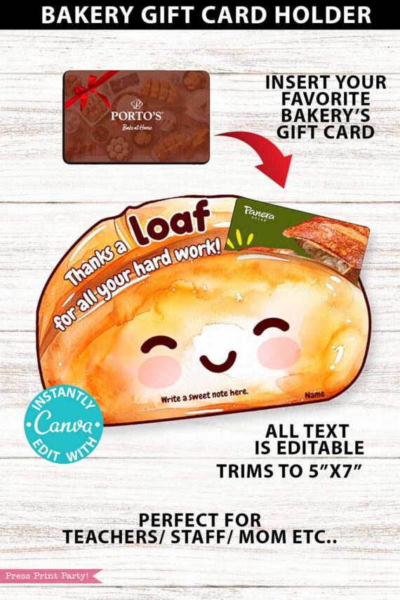 An Asian Restaurant Appreciation Gift Card Holder shaped like a smiling loaf of bread, labeled “Thanks a loaf for all your hard work!” with space to insert a gift card and write a note, shown with an example gift card.