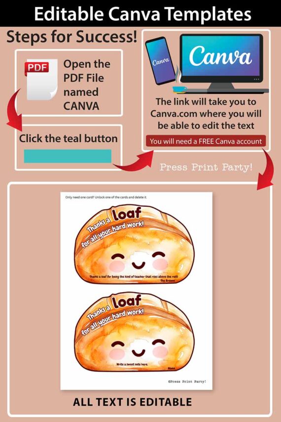 Instructional graphic showing how to use editable Canva templates for the Asian Restaurant Appreciation Gift Card Holder. Steps: open the PDF, click the teal button to access Canva, and print. Example features a printable card holder design.