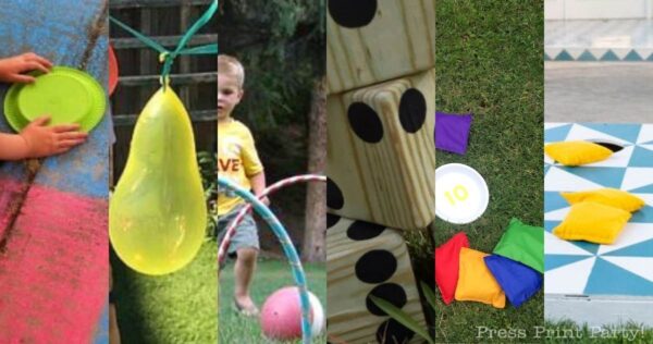 A collage shows five different outdoor lawn games: ring toss with discs, water balloon toss, a child playing hoop game, large wooden dice, and bean bags with a target on blue-and-white tiles.