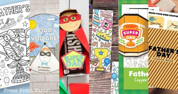 A collage of colorful Father’s Day crafts and cards, including superhero and trophy designs, coupon books, and coloring pages featuring phrases like “Super Dad” and “#1 Dad.”.