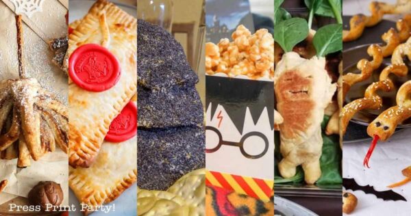 A collage of Harry Potter-themed snacks, including a pastry shaped like a golden snitch, hand pies with red seals, blue corn chips, popcorn in a Harry Potter box, a pastry character, and pretzel snakes with red tongues.