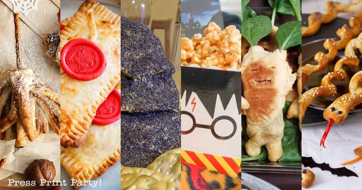 A collage of Harry Potter-themed snacks, including a pastry shaped like a golden snitch, hand pies with red seals, blue corn chips, popcorn in a Harry Potter box, a pastry character, and pretzel snakes with red tongues.
