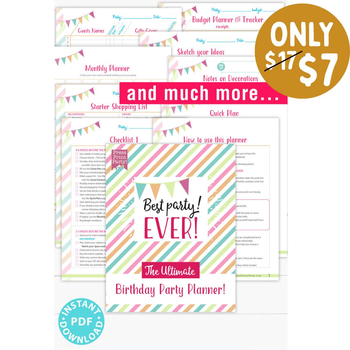 A colorful digital birthday party planner PDF is shown with various planning sheets, such as checklists and a budget tracker. A gold circle advertises “ONLY $7” and a blue icon says “INSTANT PDF DOWNLOAD.” Pastel stripes decorate the cover.