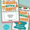 The Appreciation Gift Card Holder - Pizza features two colorful designs with fun pizza-themed graphics and the text "Any way you slice it, you're the best!" Includes message space, gift card slot, and editable in Canva.