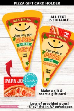 The Asian Restaurant Appreciation Gift Card Holder features two pizza-shaped designs with smiling faces and punny phrases, displayed above a pizza gift card on a light wood background.