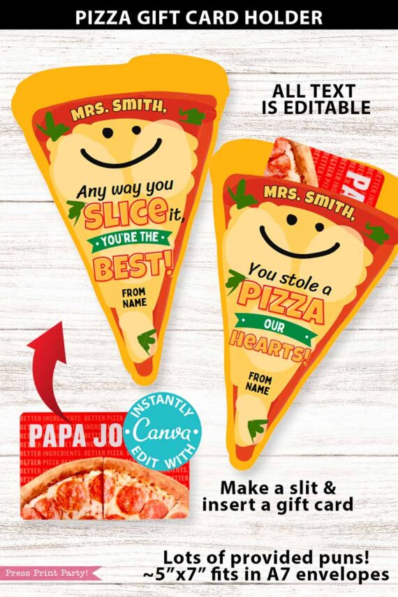 The Asian Restaurant Appreciation Gift Card Holder features two pizza-shaped designs with smiling faces and punny phrases, displayed above a pizza gift card on a light wood background.