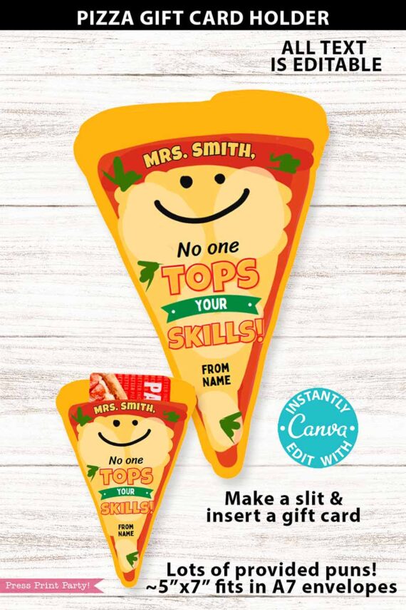 The Asian Restaurant Appreciation Gift Card Holder features a smiling face with "Mrs. Smith, No one tops your skills!" plus editable name/messages, two size options, and instructions for adding a gift card.