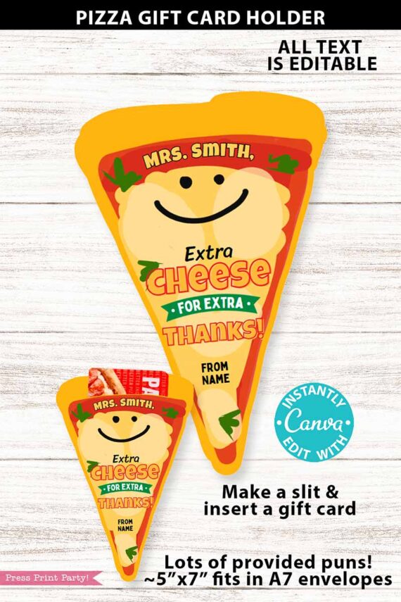 A pizza slice-shaped Asian Restaurant Appreciation Gift Card Holder with a smiling face, customizable message, shown in two sizes, and step-by-step instructions for adding a gift card.