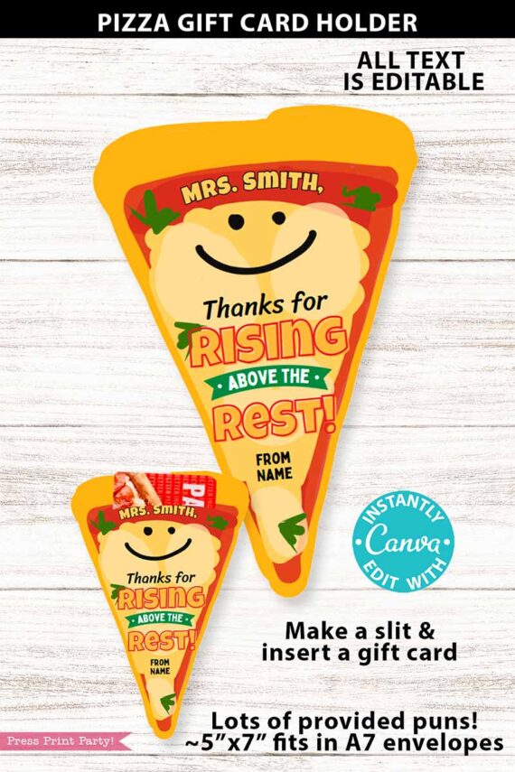 Asian Restaurant Appreciation Gift Card Holder with a smiling face, labeled “Mrs. Smith, Thanks for rising above the rest!” Includes editable text, Canva template, instructions for adding a gift card; fits 5”x7” A7 envelopes.