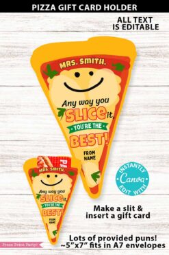 Asian Restaurant Appreciation Gift Card Holder with a smiling face and text: “Mrs. Smith, Any way you slice it, you’re the best! From Name.” Includes instructions for adding a gift card and info on editable text.