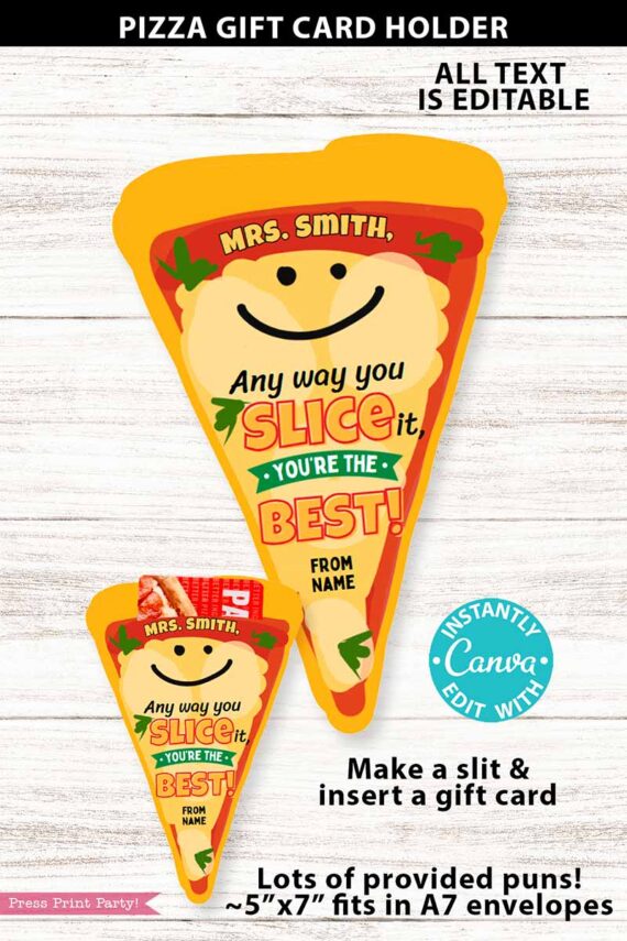 Asian Restaurant Appreciation Gift Card Holder with a smiling face and text: “Mrs. Smith, Any way you slice it, you’re the best! From Name.” Includes instructions for adding a gift card and info on editable text.