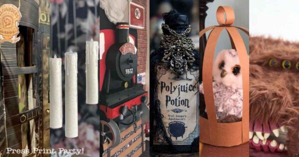 A collage of DIY Harry Potter decorations, featuring floating candles, a red train engine, a Polyjuice Potion bottle, a toy owl in a paper cage, and a plush creature with big teeth.