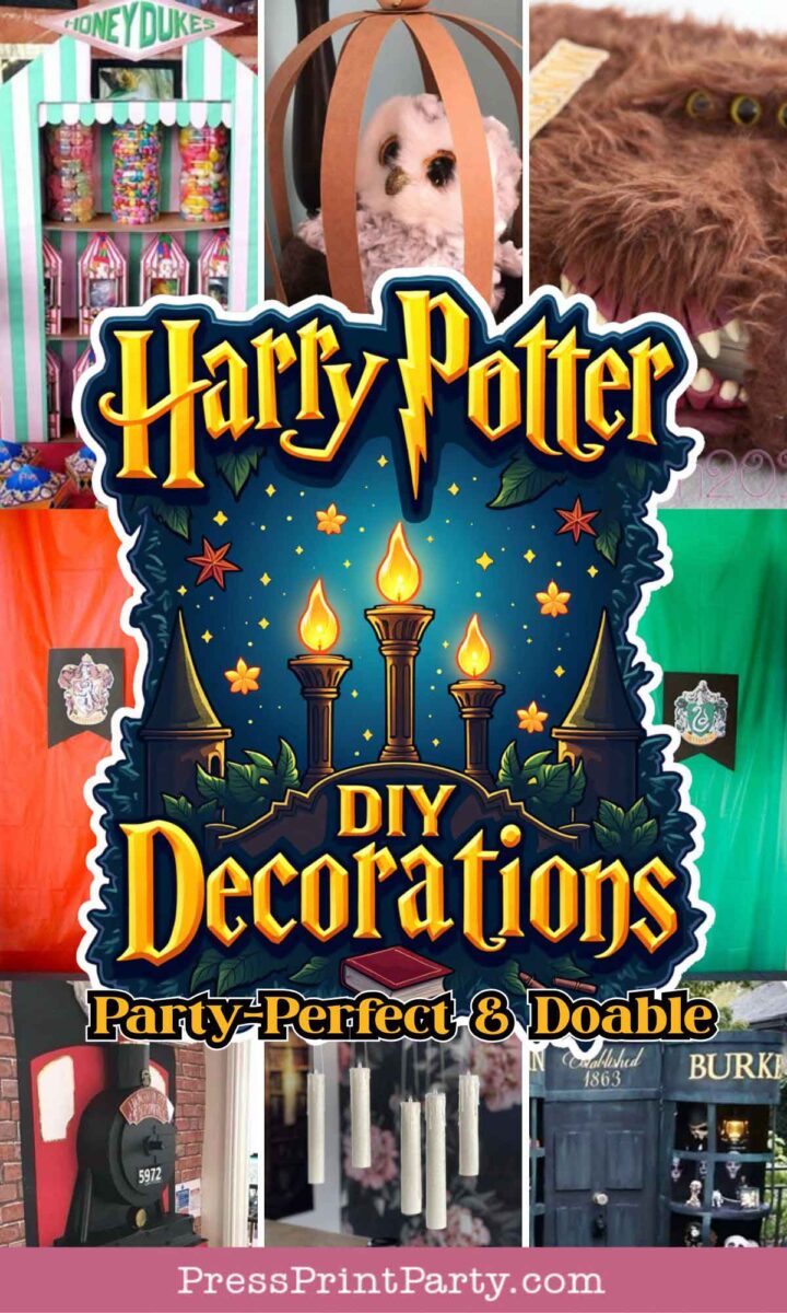 A collage featuring diy Harry Potter decorations, including a Honeydukes shop, Hedwig, a monster book, floating candles, and themed signs, with text: "Harry Potter DIY Decorations Party-Perfect & Doable.