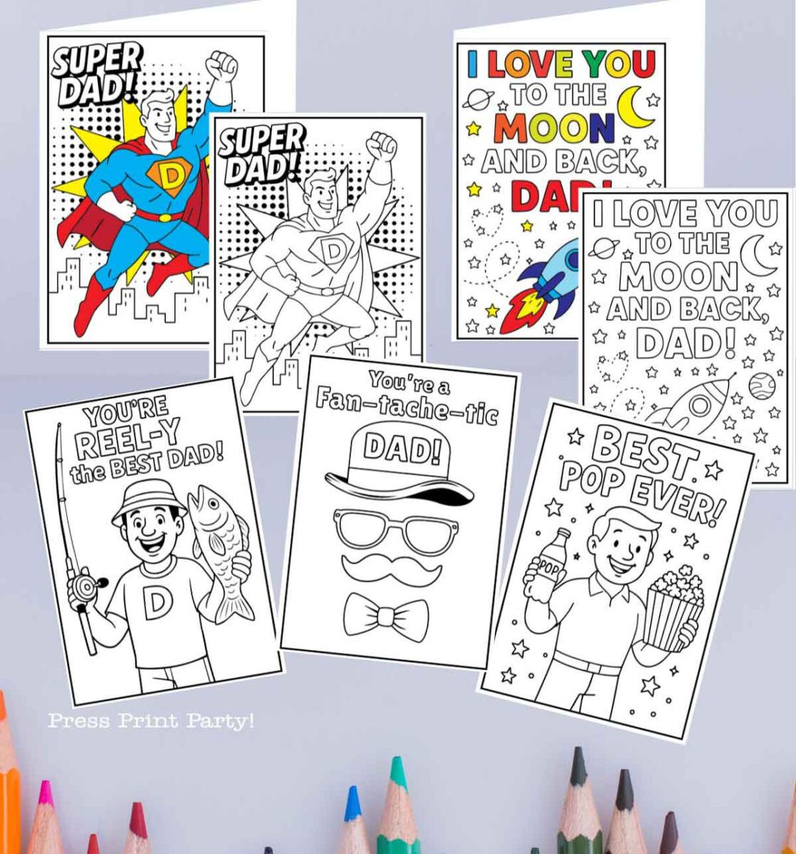 A set of printable Father’s Day coloring pages and father’s day coloring cards featuring superhero dads, “I love you to the moon and back,” a dad with a fish, mustache-themed cards, and “Best Pop Ever!” designs with popcorn, displayed with colored pencils.